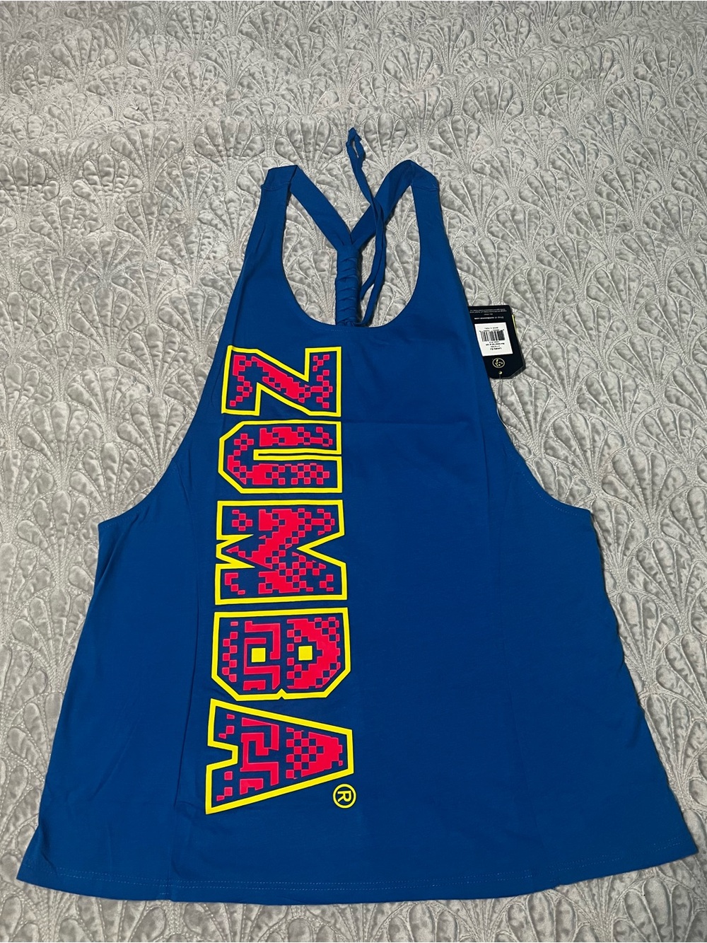 Zumba Fitness More Zumba Tied Up Blue Tank Neon Pink & Yellow Graphic Large Nwt